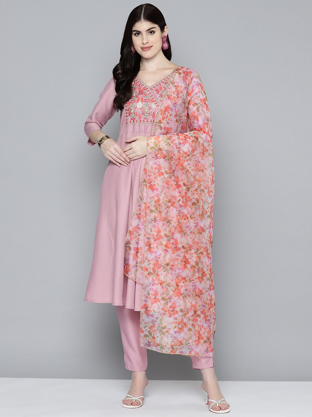 Jompers Women's Embroidered Thread Work Kurta & Trousers With Dupatta - Purple | Grocsy
