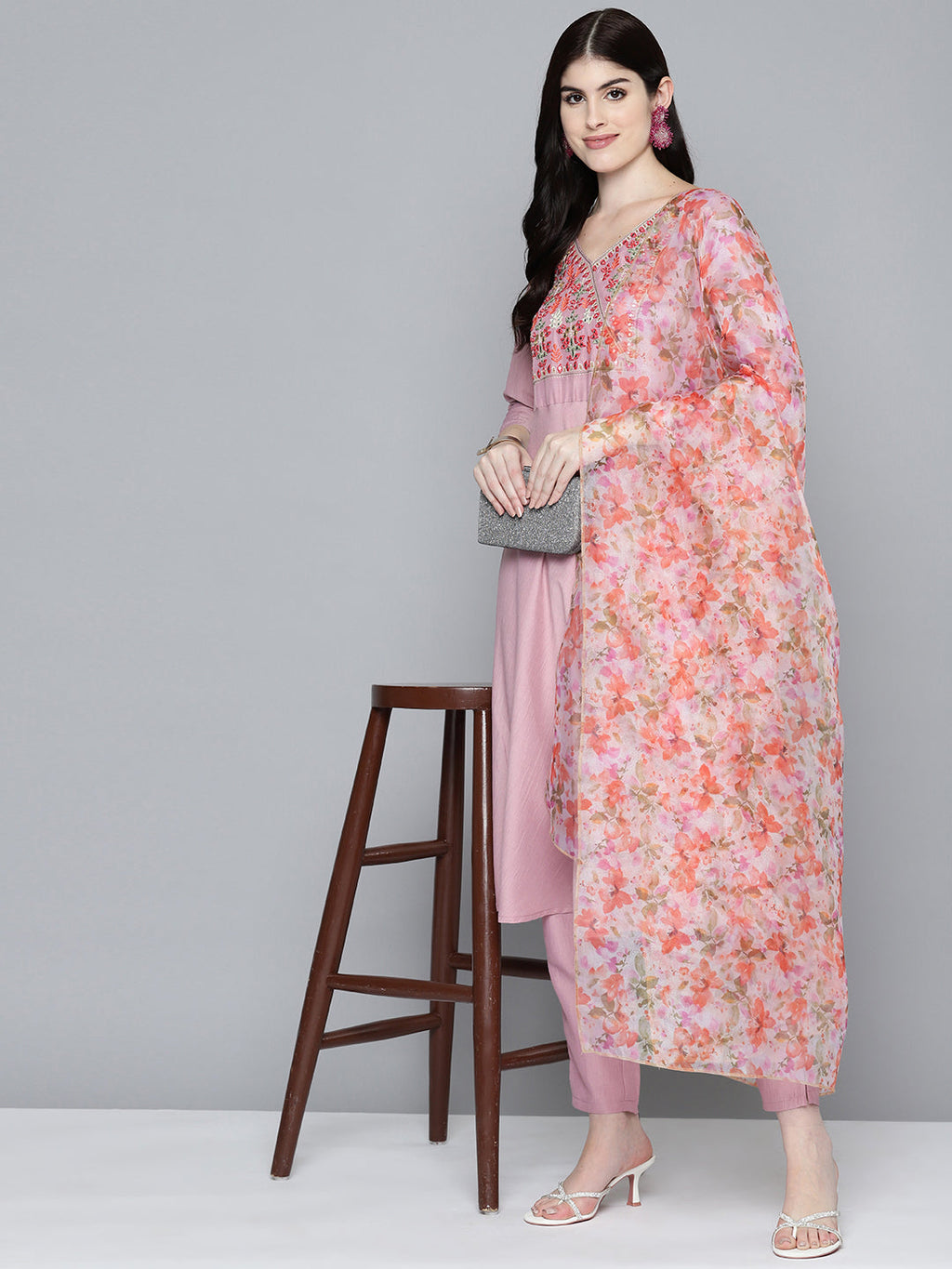 Jompers Women's Embroidered Thread Work Kurta & Trousers With Dupatta - Purple | Grocsy