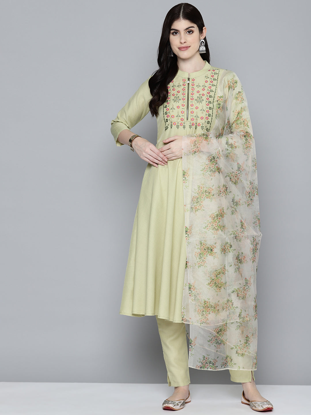 Jompers Women's Embroidered Thread Work Kurta & Trousers With Dupatta - Lime | Grocsy