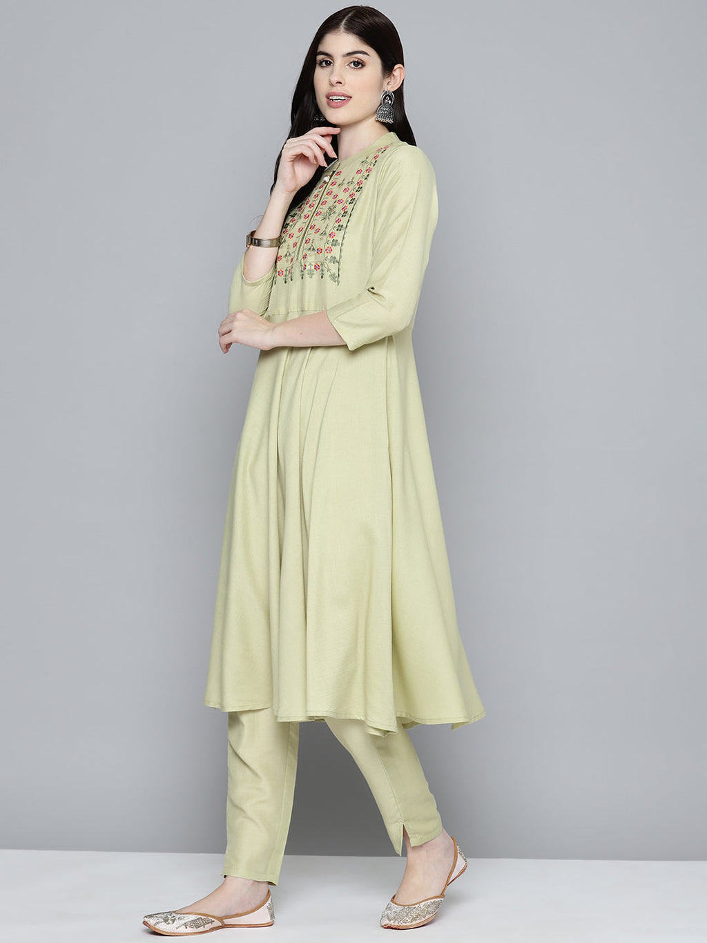 Jompers Women's Embroidered Thread Work Kurta & Trousers With Dupatta - Lime | Grocsy