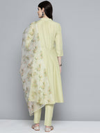 Jompers Women's Embroidered Thread Work Kurta & Trousers With Dupatta - Lime | Grocsy
