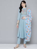 Jompers Women's Embroidered Thread Work Kurta & Trousers With Dupatta - Grey | Grocsy