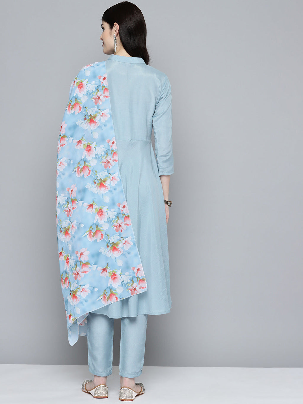 Jompers Women's Embroidered Thread Work Kurta & Trousers With Dupatta - Grey | Grocsy