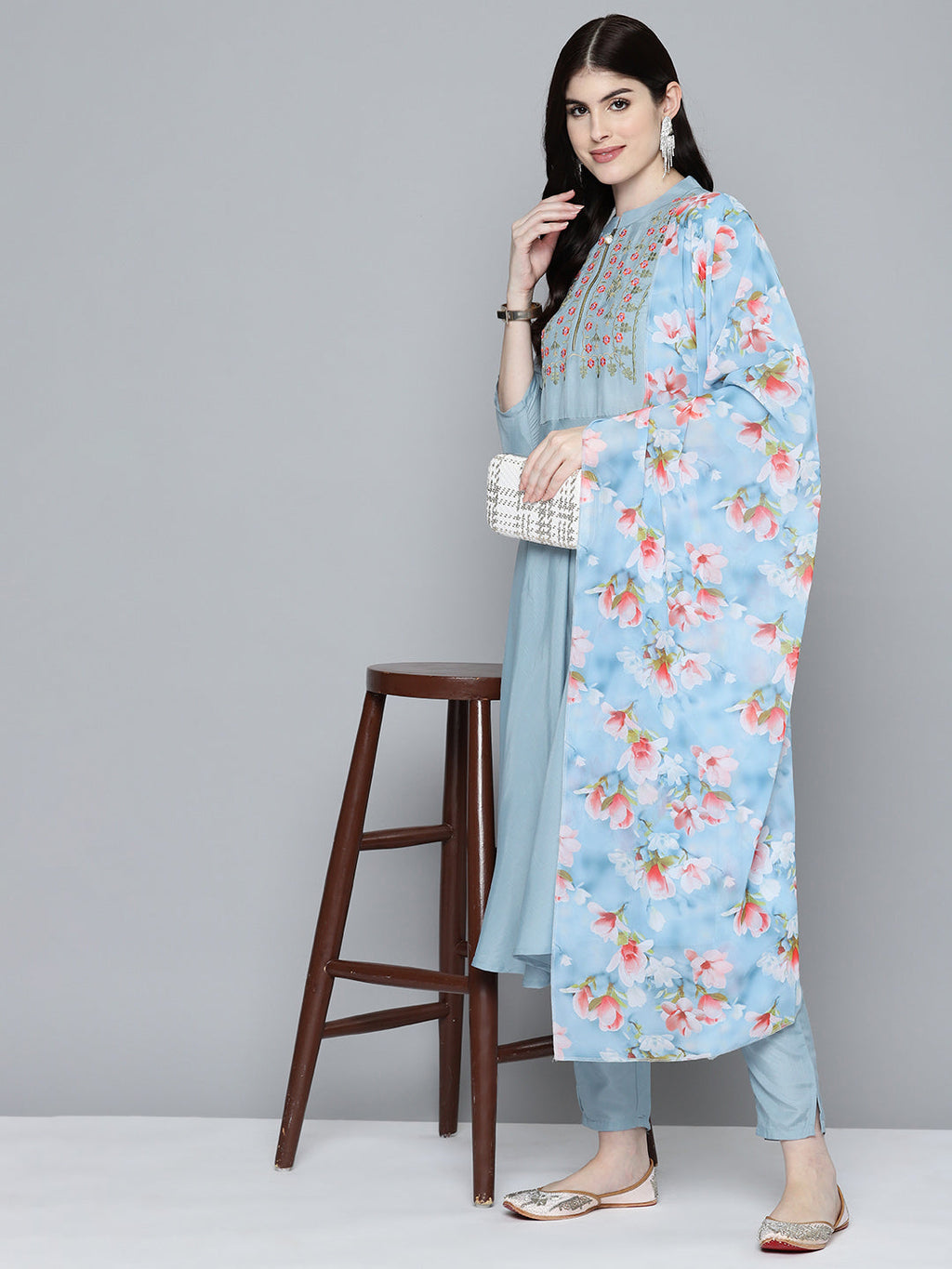 Jompers Women's Embroidered Thread Work Kurta & Trousers With Dupatta - Grey | Grocsy