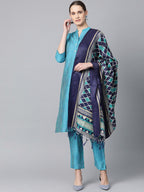 Jompers Women Blue & Green Self-Striped Kurta with Trousers & Dupatta | Grocsy