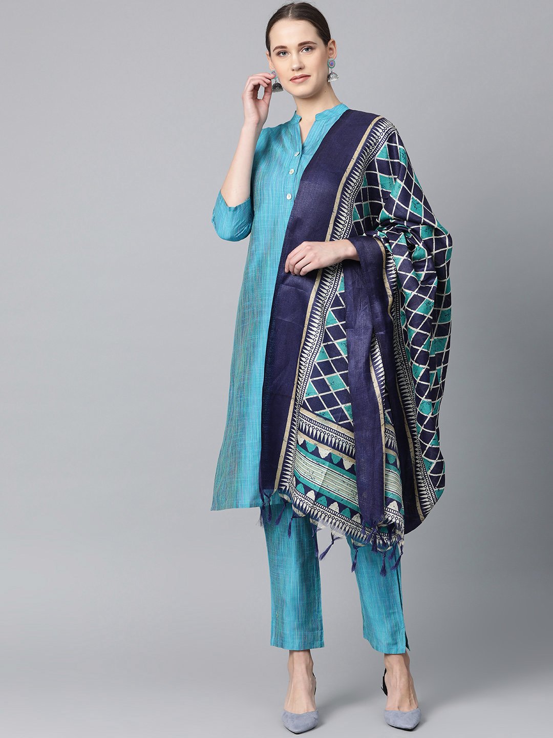 Jompers Women Blue & Green Self-Striped Kurta with Trousers & Dupatta | Grocsy