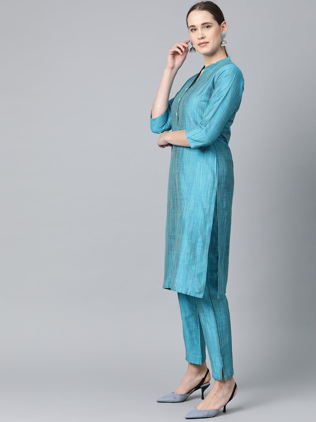 Jompers Women Blue & Green Self-Striped Kurta with Trousers & Dupatta | Grocsy