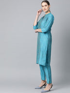 Jompers Women Blue & Green Self-Striped Kurta with Trousers & Dupatta | Grocsy