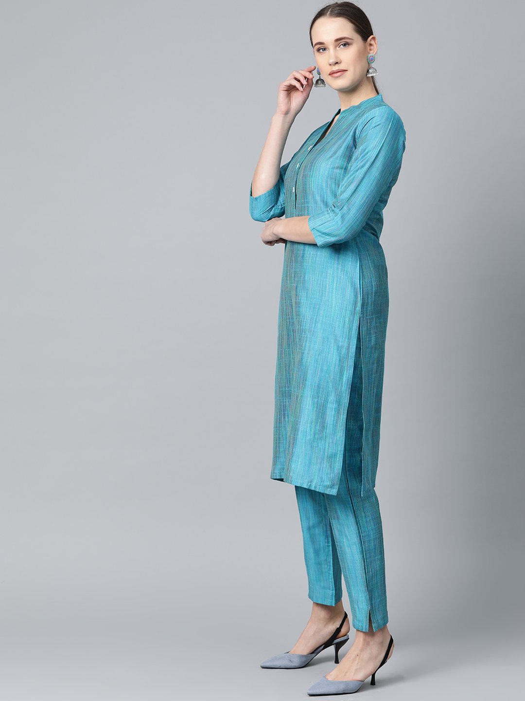 Jompers Women Blue & Green Self-Striped Kurta with Trousers & Dupatta | Grocsy