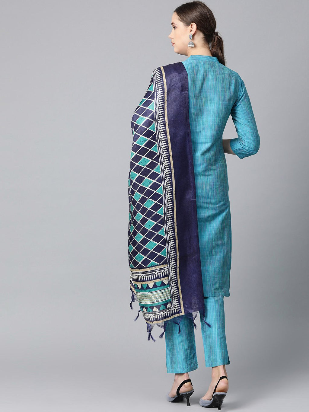 Jompers Women Blue & Green Self-Striped Kurta with Trousers & Dupatta | Grocsy