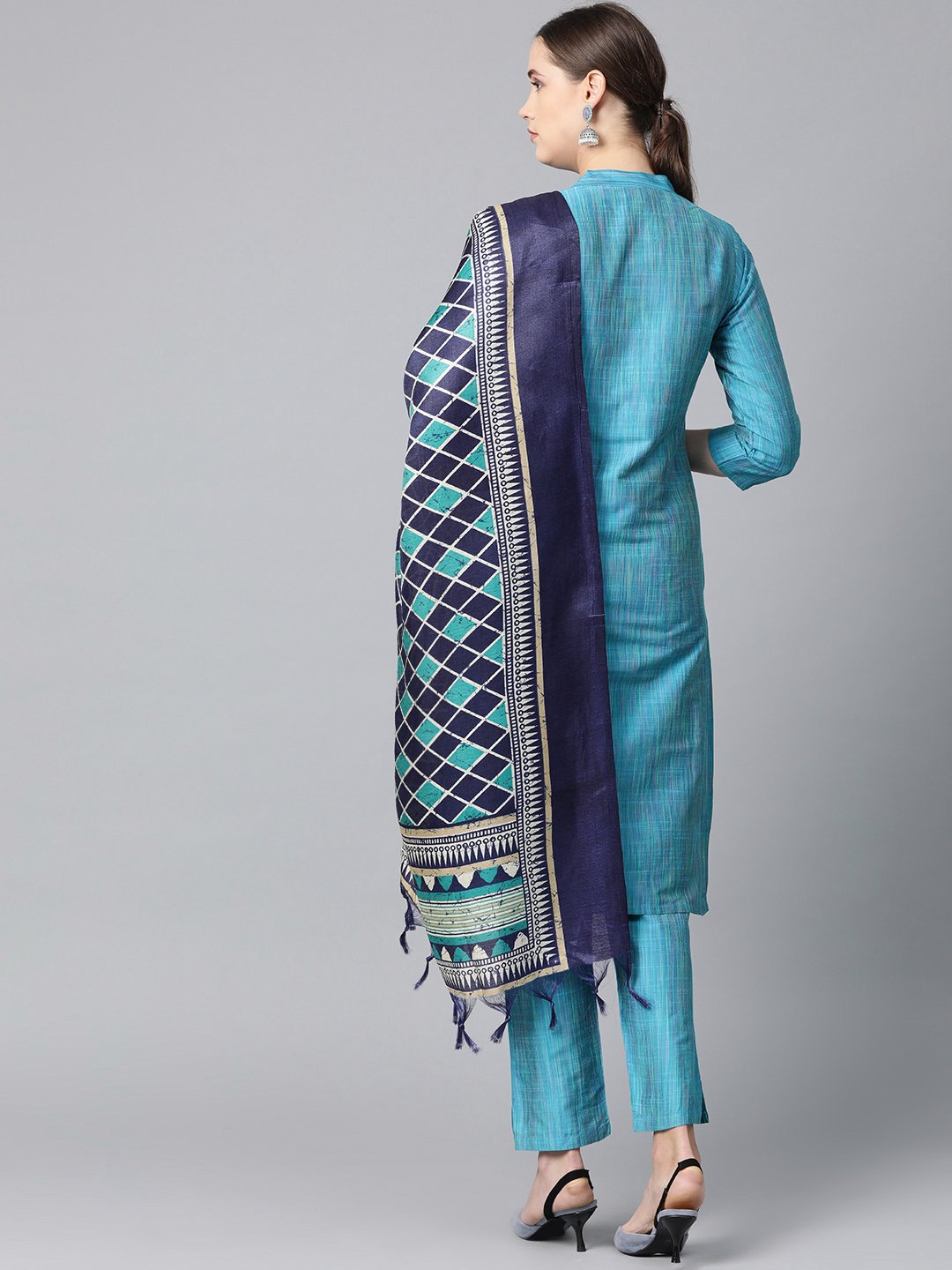 Jompers Women Blue & Green Self-Striped Kurta with Trousers & Dupatta | Grocsy