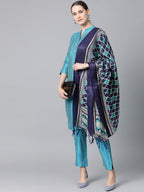 Jompers Women Blue & Green Self-Striped Kurta with Trousers & Dupatta | Grocsy