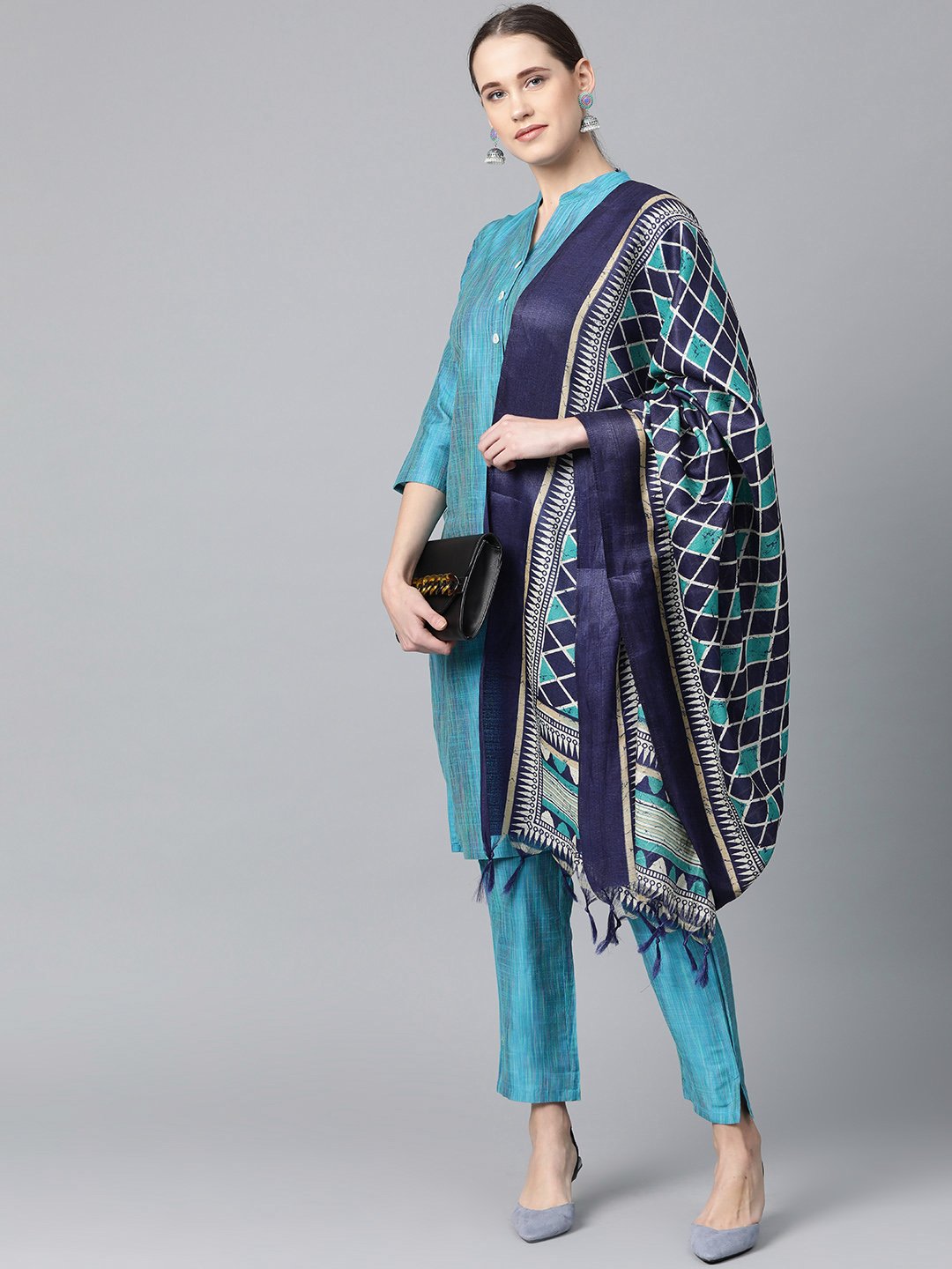Jompers Women Blue & Green Self-Striped Kurta with Trousers & Dupatta | Grocsy