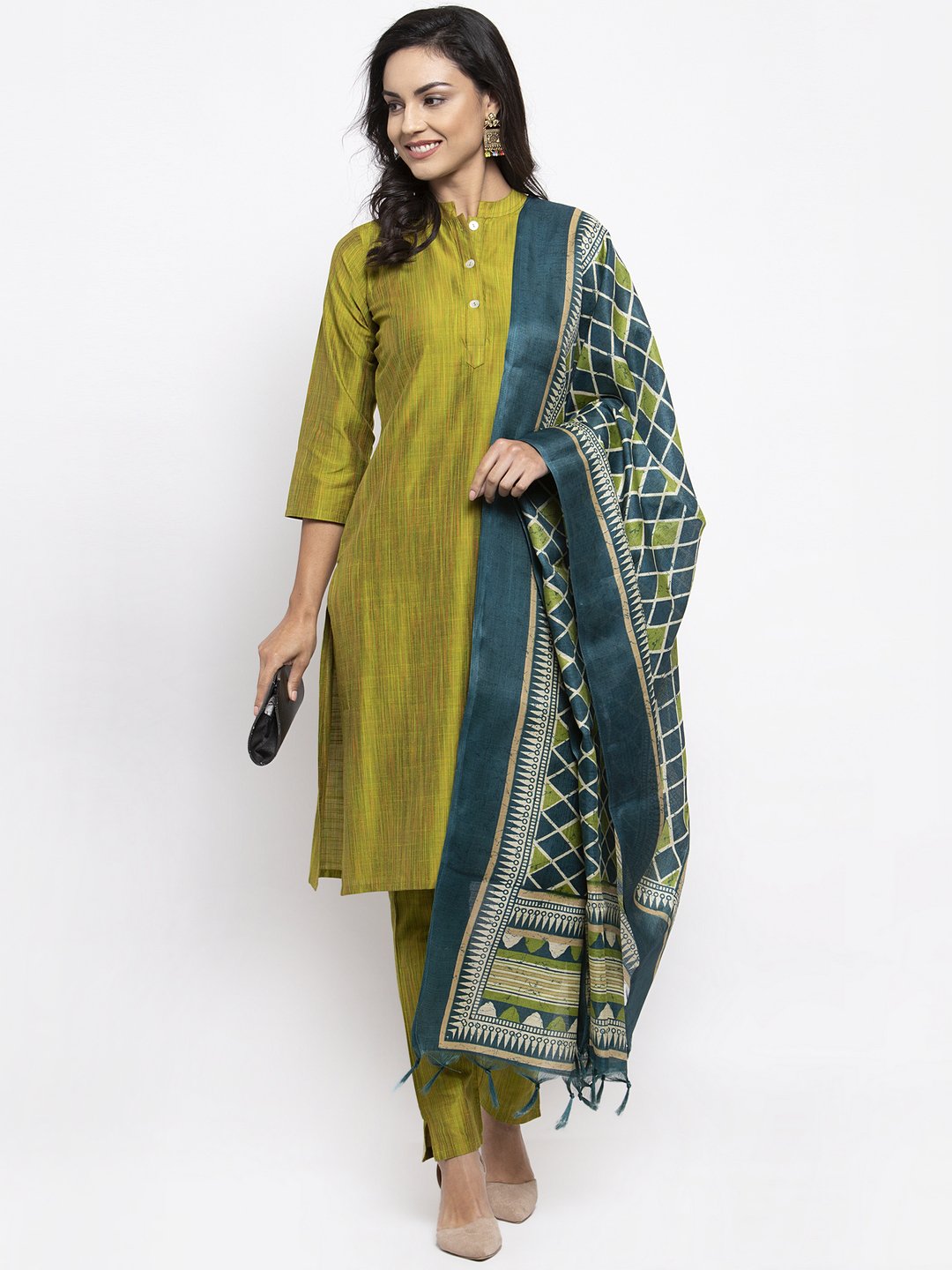 Jompers Women Green Self-Striped Kurta with Trousers And Art Silk Dupatta | Grocsy