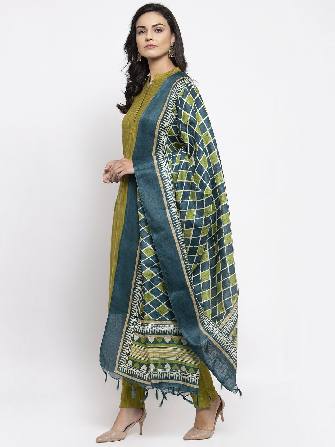 Jompers Women Green Self-Striped Kurta with Trousers And Art Silk Dupatta | Grocsy