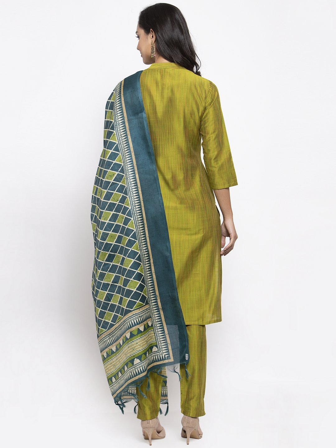 Jompers Women Green Self-Striped Kurta with Trousers And Art Silk Dupatta | Grocsy