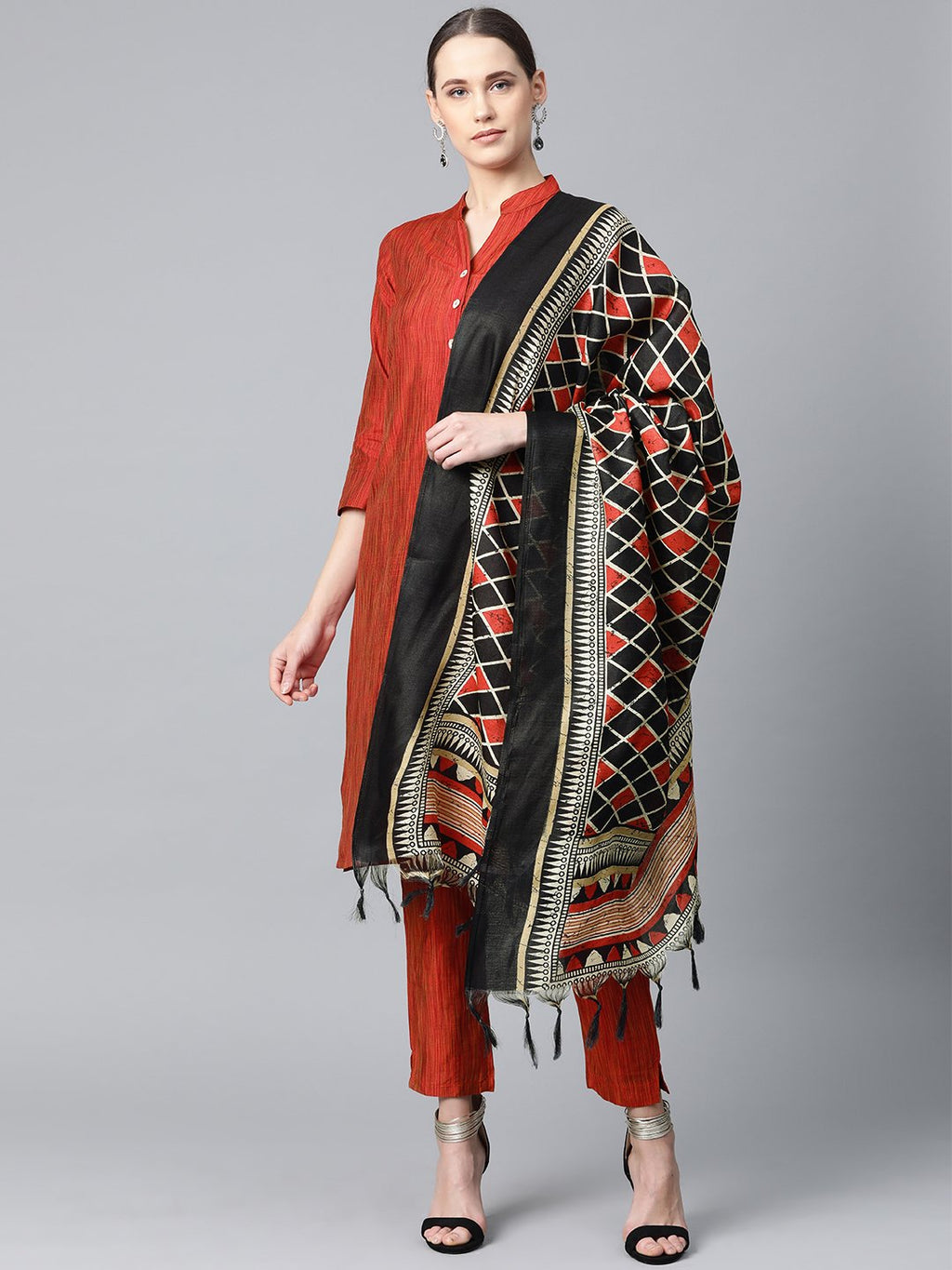 Jompers Women Red & Black Self-Striped Kurta with Trousers & Dupatta | Grocsy