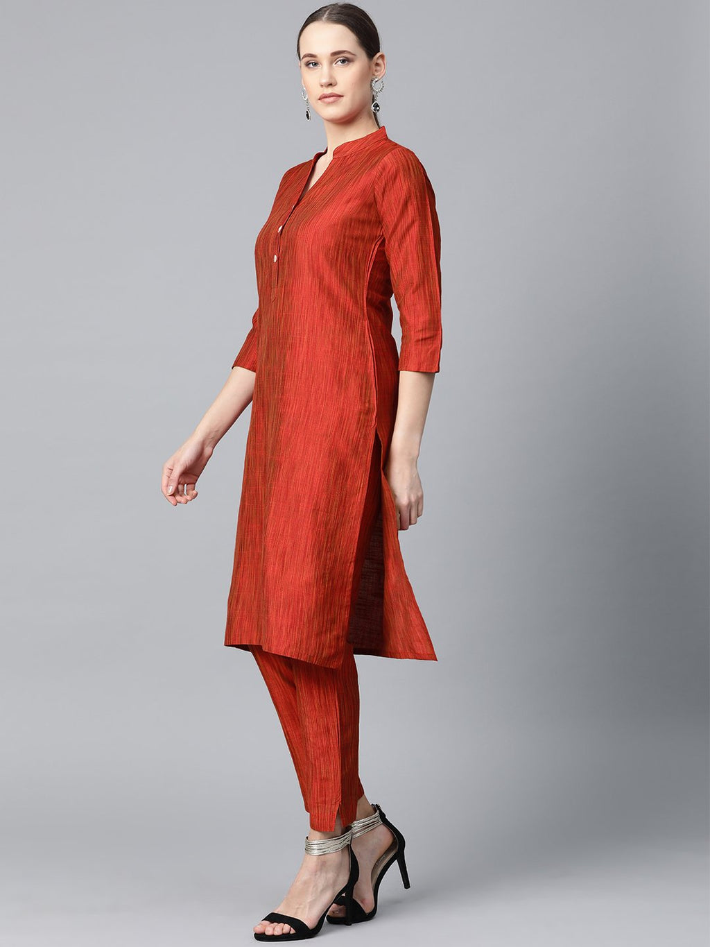 Jompers Women Red & Black Self-Striped Kurta with Trousers & Dupatta | Grocsy