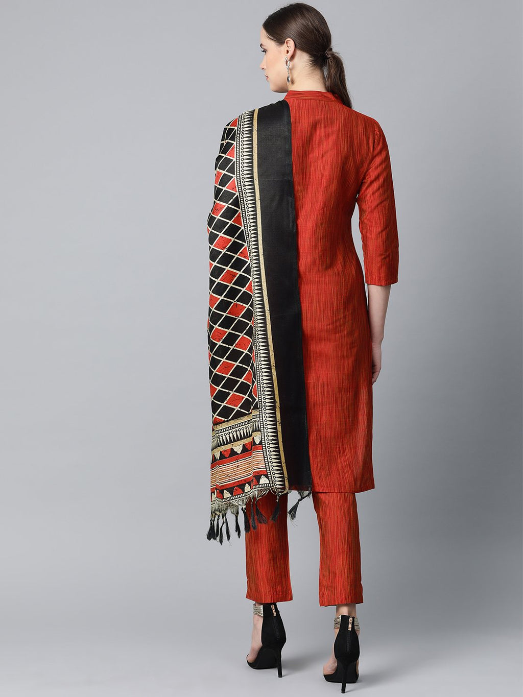 Jompers Women Red & Black Self-Striped Kurta with Trousers & Dupatta | Grocsy