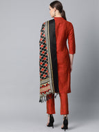 Jompers Women Red & Black Self-Striped Kurta with Trousers & Dupatta | Grocsy