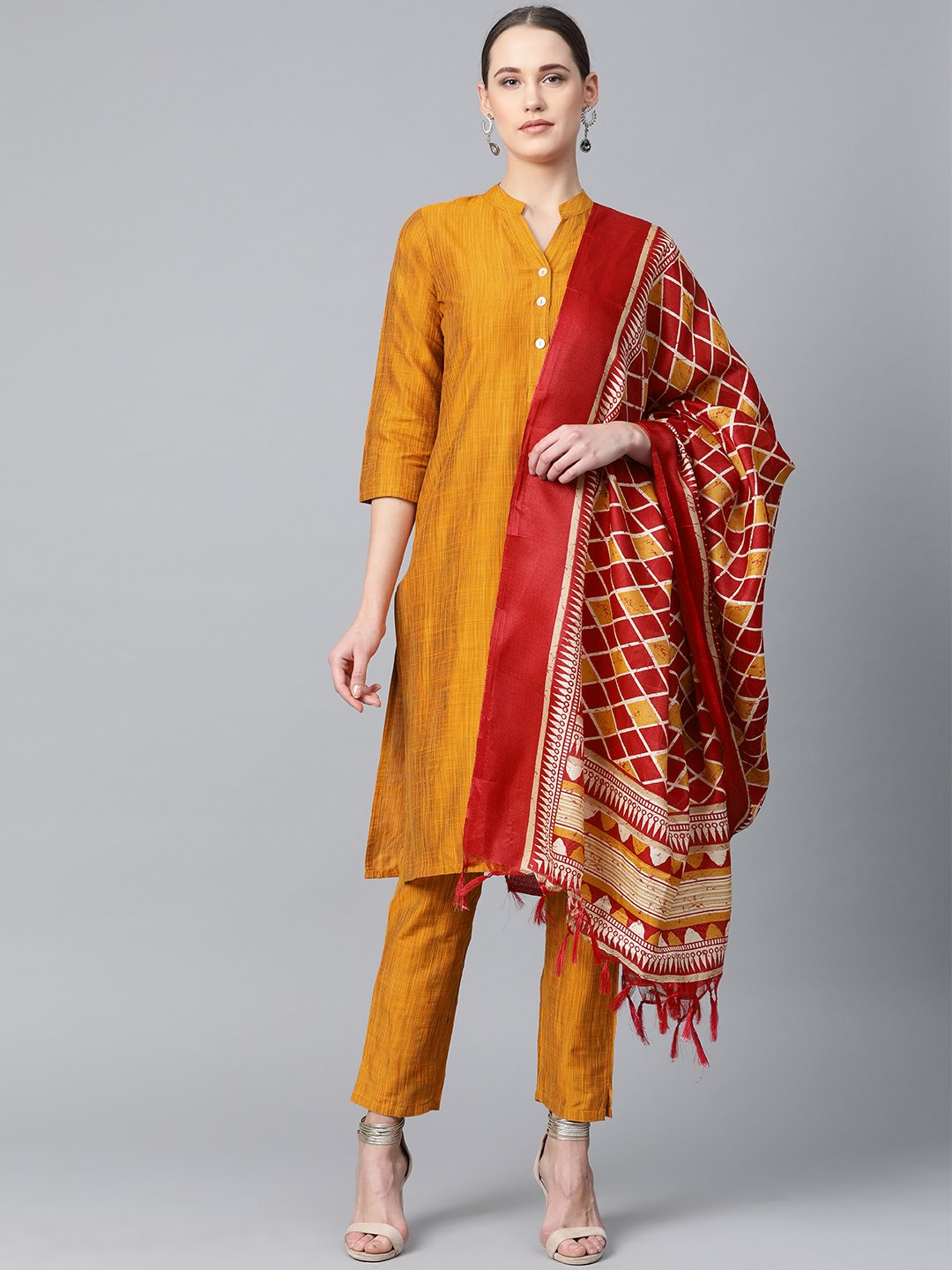 Jompers Women Mustard & Red Self-Striped Kurta with Trousers & Dupatta | Grocsy
