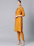 Jompers Women Mustard & Red Self-Striped Kurta with Trousers & Dupatta | Grocsy