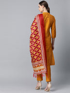 Jompers Women Mustard & Red Self-Striped Kurta with Trousers & Dupatta | Grocsy