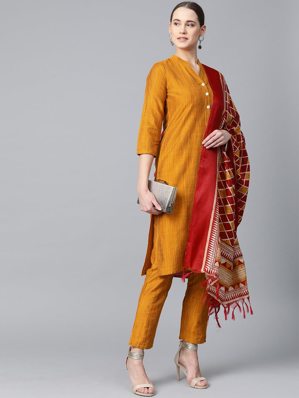 Jompers Women Mustard & Red Self-Striped Kurta with Trousers & Dupatta | Grocsy
