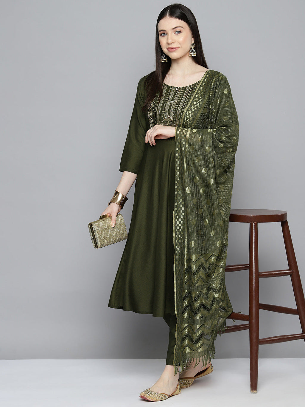 Jompers Women's Sequin, zari embroidered flared kurta with pants and dupatta - Green | Grocsy