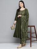 Jompers Women's Sequin, zari embroidered flared kurta with pants and dupatta - Green | Grocsy
