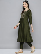 Jompers Women's Sequin, zari embroidered flared kurta with pants and dupatta - Green | Grocsy