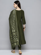 Jompers Women's Sequin, zari embroidered flared kurta with pants and dupatta - Green | Grocsy