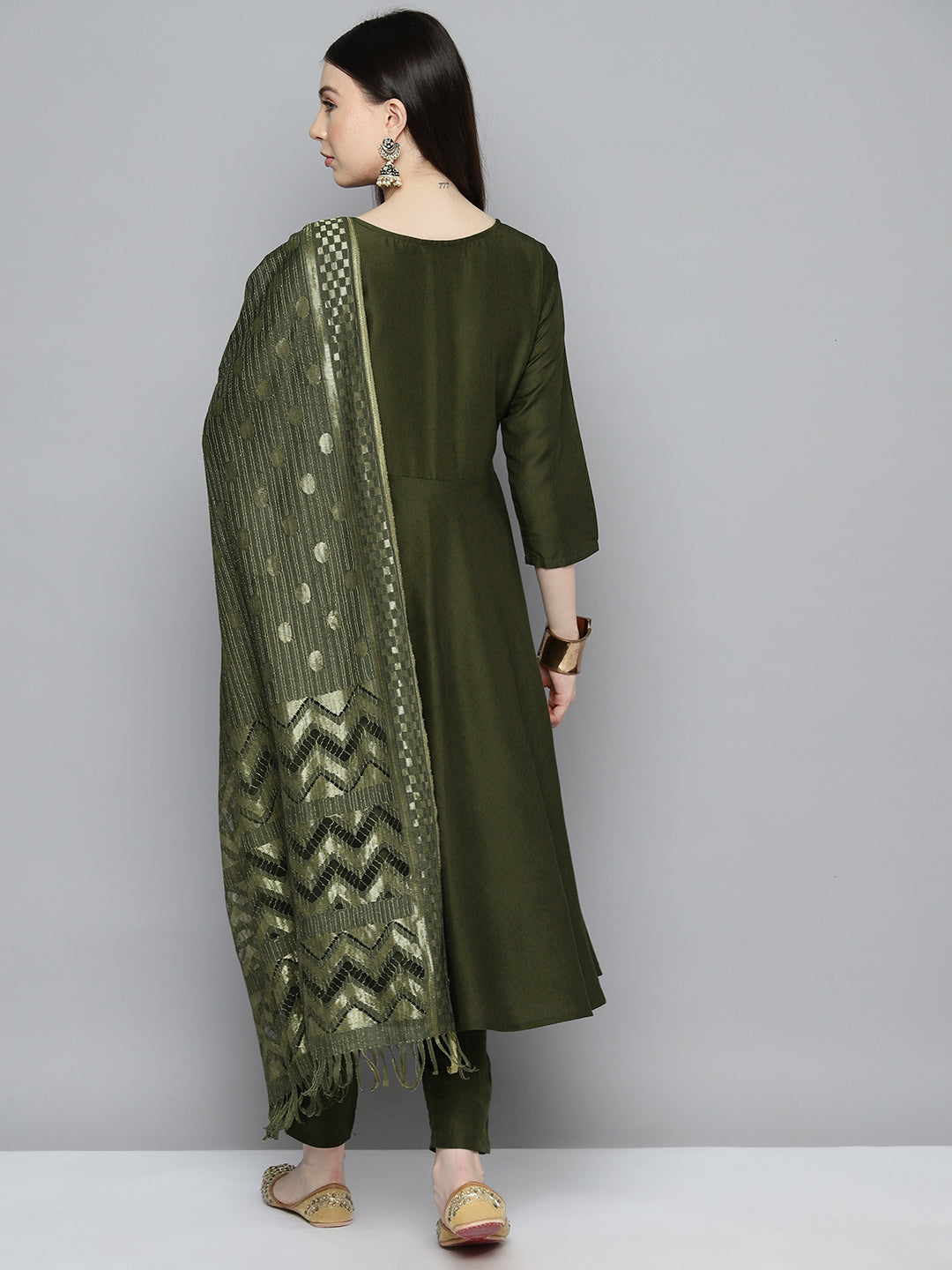 Jompers Women's Sequin, zari embroidered flared kurta with pants and dupatta - Green | Grocsy