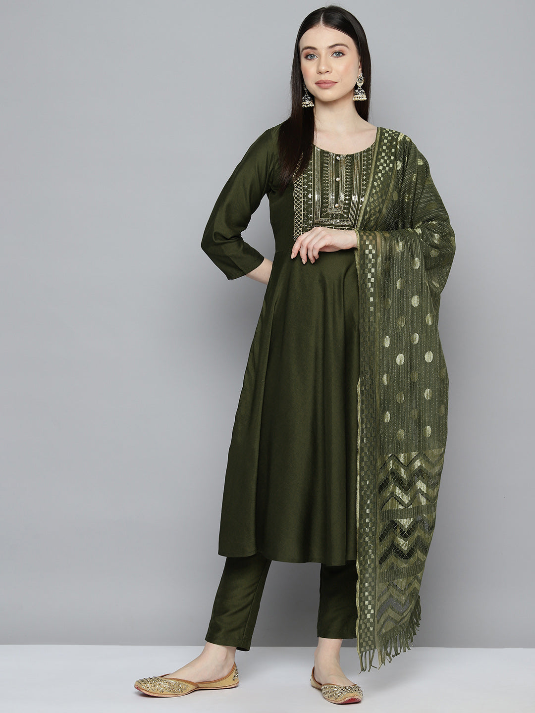 Jompers Women's Sequin, zari embroidered flared kurta with pants and dupatta - Green | Grocsy