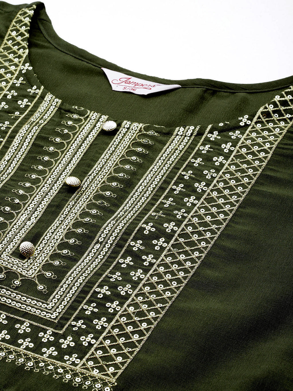 Jompers Women's Sequin, zari embroidered flared kurta with pants and dupatta - Green | Grocsy