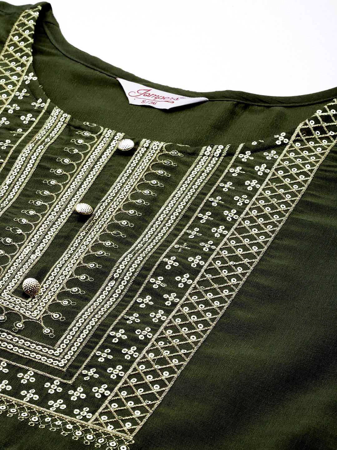 Jompers Women's Sequin, zari embroidered flared kurta with pants and dupatta - Green | Grocsy
