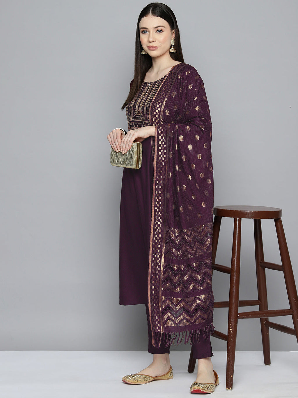 Jompers Women's Sequin, zari embroidered flared kurta with pants and dupatta - Purple | Grocsy