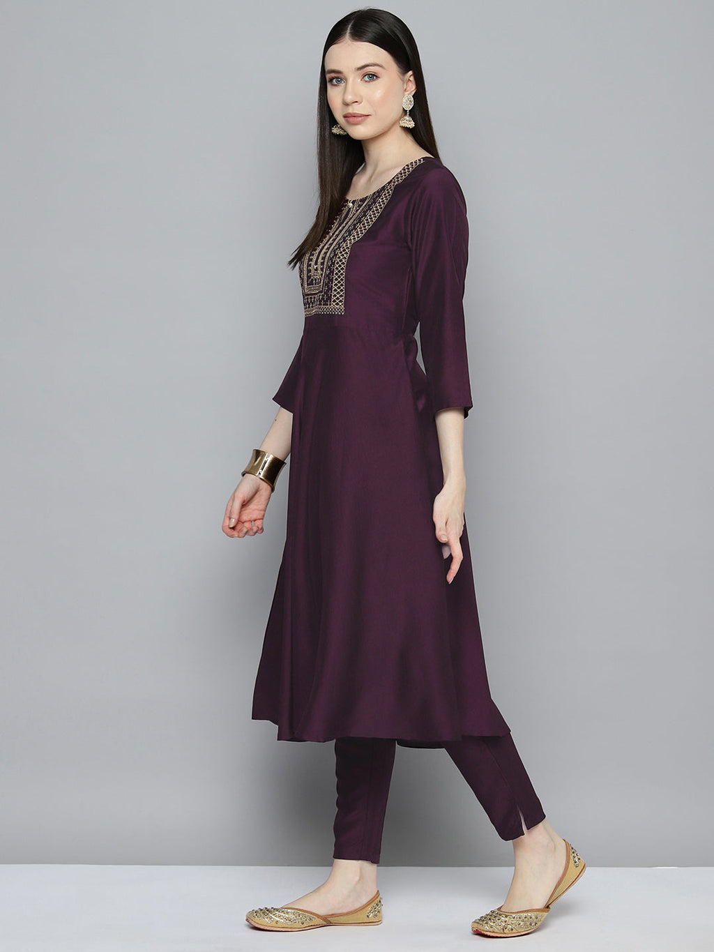 Jompers Women's Sequin, zari embroidered flared kurta with pants and dupatta - Purple | Grocsy
