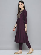 Jompers Women's Sequin, zari embroidered flared kurta with pants and dupatta - Purple | Grocsy