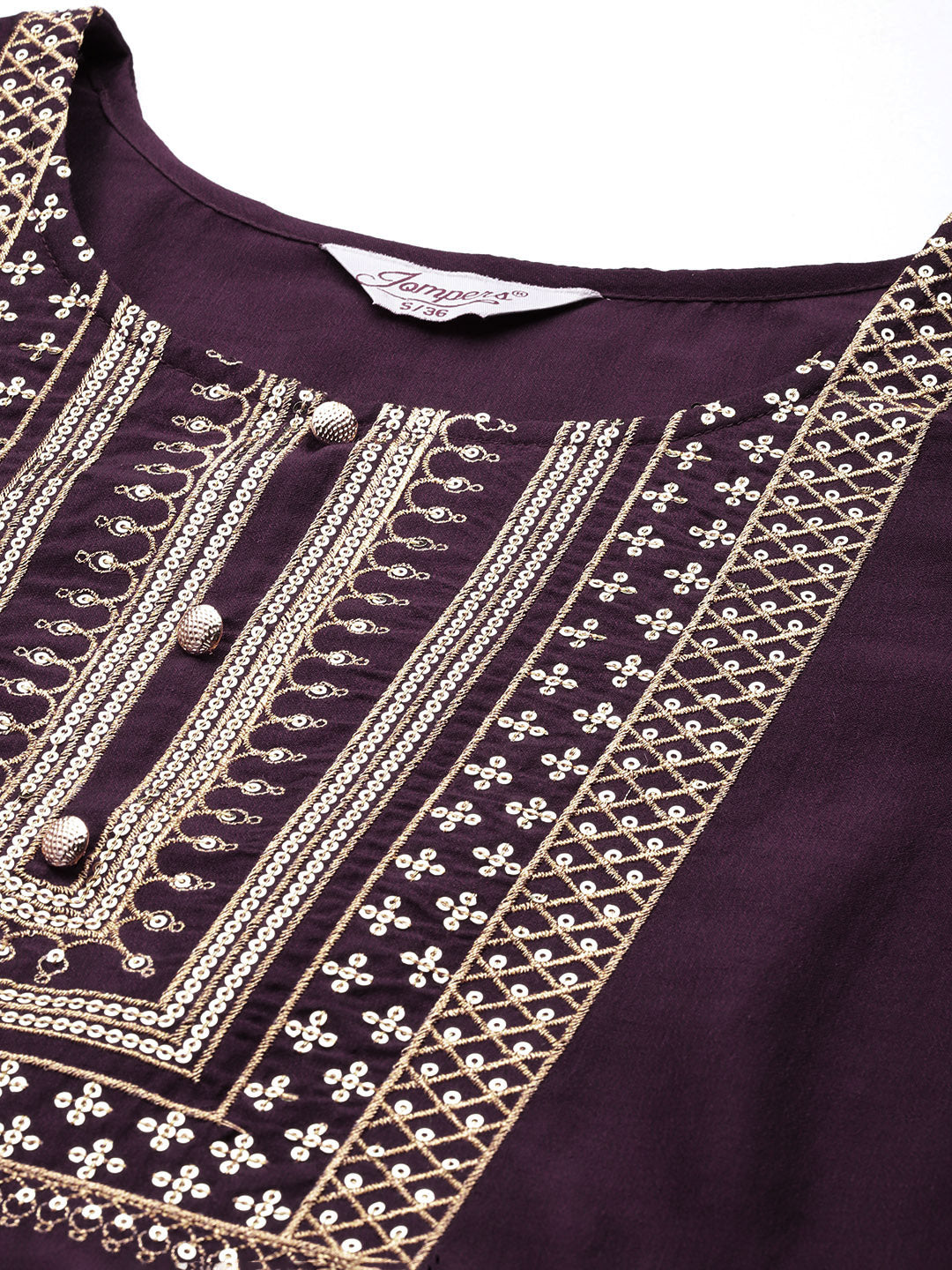 Jompers Women's Sequin, zari embroidered flared kurta with pants and dupatta - Purple | Grocsy