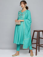 Jompers Women's Embroidered Silk Flared kurta,pant with dupatta set - Green | Grocsy
