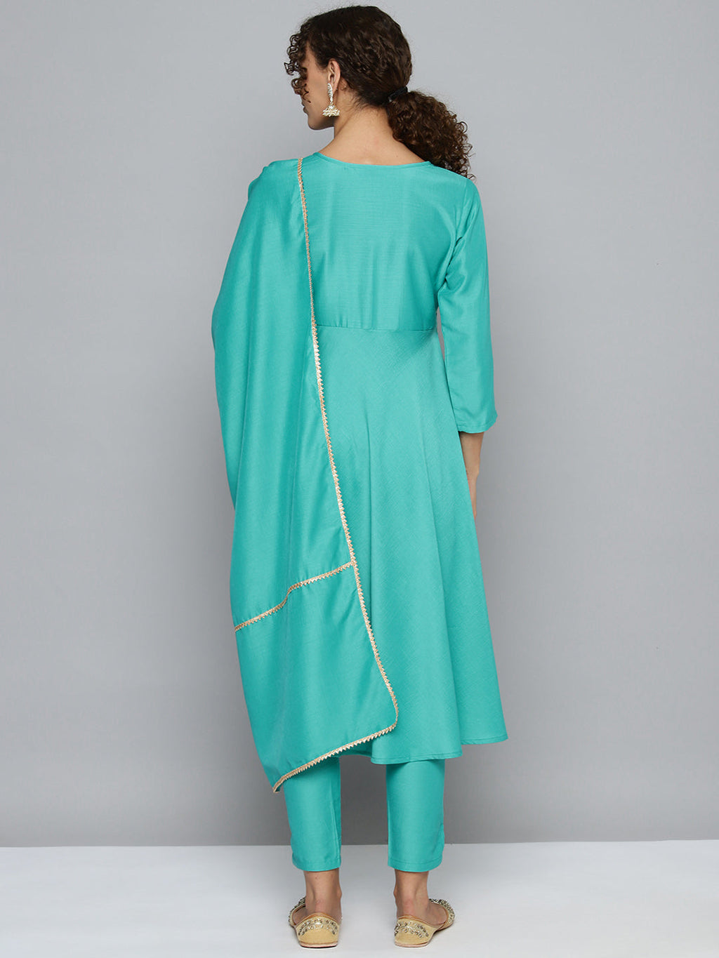 Jompers Women's Embroidered Silk Flared kurta,pant with dupatta set - Green | Grocsy