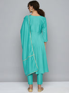 Jompers Women's Embroidered Silk Flared kurta,pant with dupatta set - Green | Grocsy