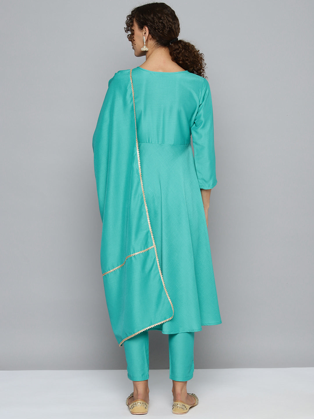 Jompers Women's Embroidered Silk Flared kurta,pant with dupatta set - Green | Grocsy