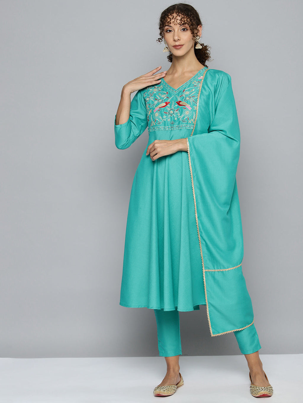 Jompers Women's Embroidered Silk Flared kurta,pant with dupatta set - Green | Grocsy