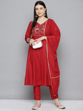 Jompers Women's Embroidered Silk Flared kurta,pant with dupatta set - Red | Grocsy