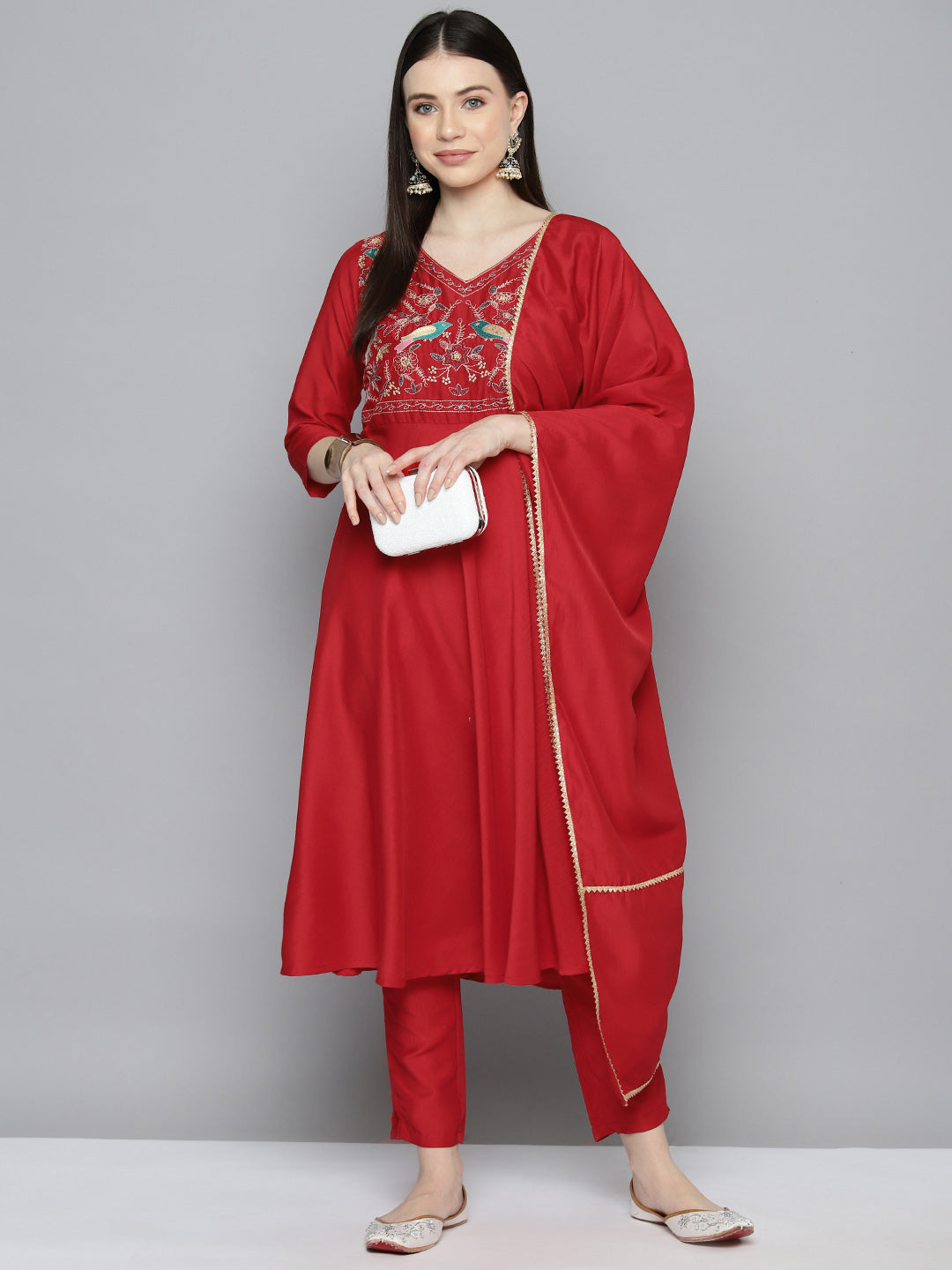Jompers Women's Embroidered Silk Flared kurta,pant with dupatta set - Red | Grocsy