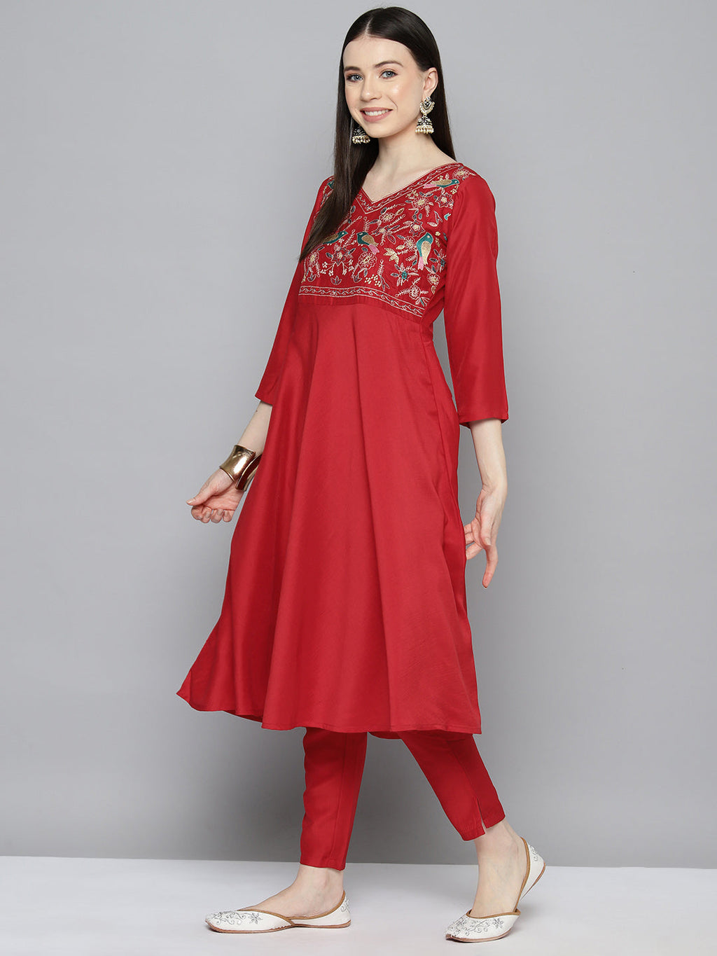 Jompers Women's Embroidered Silk Flared kurta,pant with dupatta set - Red | Grocsy