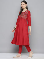 Jompers Women's Embroidered Silk Flared kurta,pant with dupatta set - Red | Grocsy