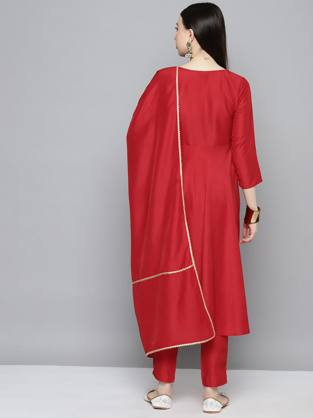 Jompers Women's Embroidered Silk Flared kurta,pant with dupatta set - Red | Grocsy